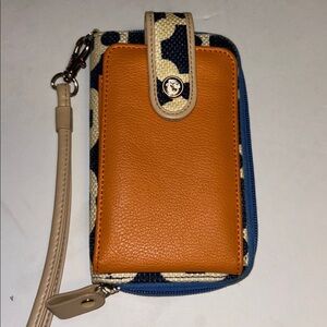 SPARTINA WALLET BLUE AND CREAM TAN LEATHER WRISTLET STRAP SMALL PHONE HOLDER